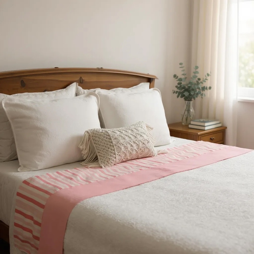 Vintage 70's Striped Double Flat Sheet In Baker-Miller Pink / White